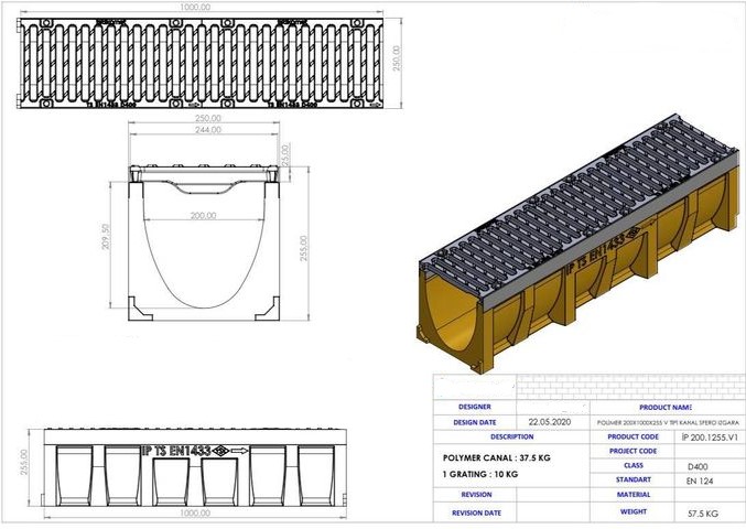 Linear Drains V200, 200 x 1000 x 255 mm, Class D400