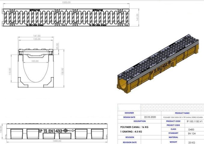Linear Drains V100, 100 x 1000 x 150 mm, Class D400