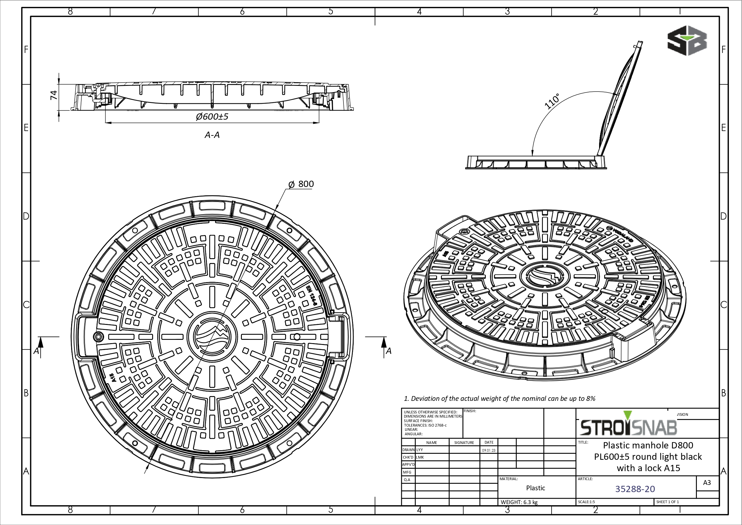Polypropylene PP cover, 600x800x80, Class A15