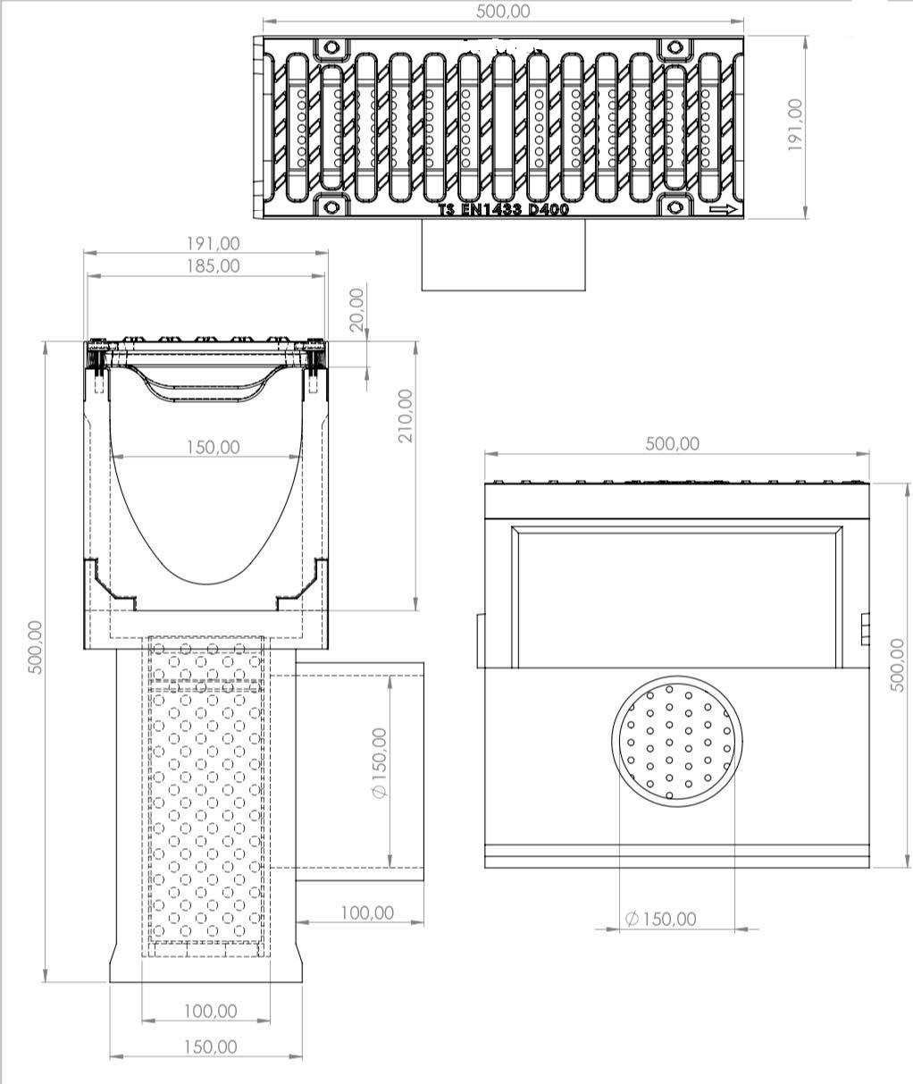 Collection shaft for linear drain V150, Class D400