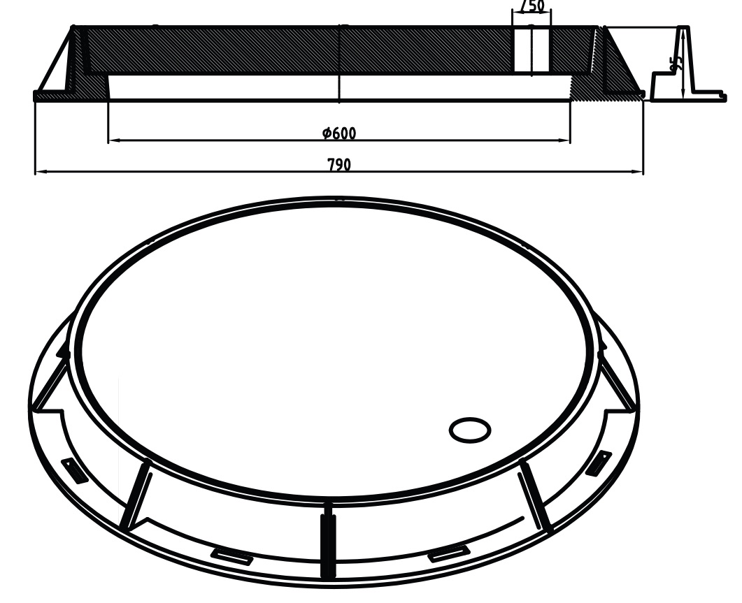Polymer-concrete covers, Ø600 mm, Class A15, B125, C250, D400