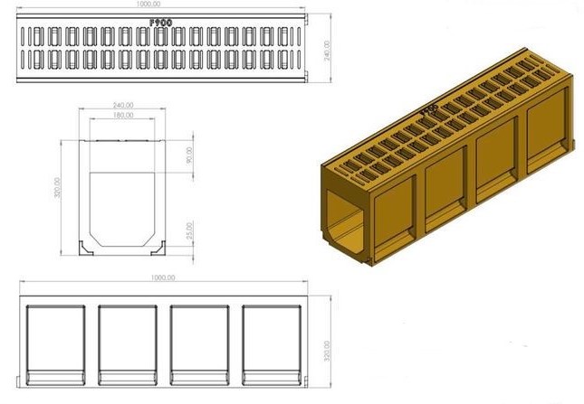 Monoblock Linear Drains, 240 x 1000 x 320 mm, Class F900