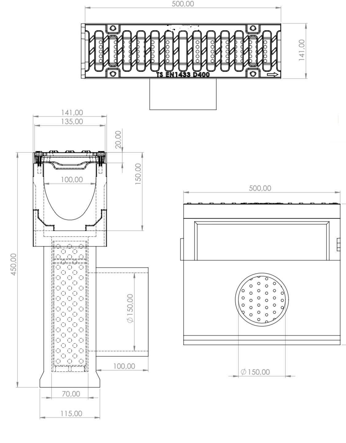 Collection shaft for linear drain V100, Class D400