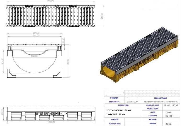 Linear Drains V200, 200 x 1000 x 150 mm, Class D400