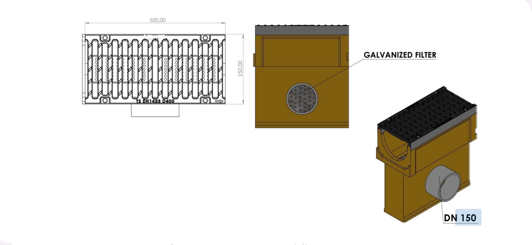 Collection shaft for linear drain V200, Class D400