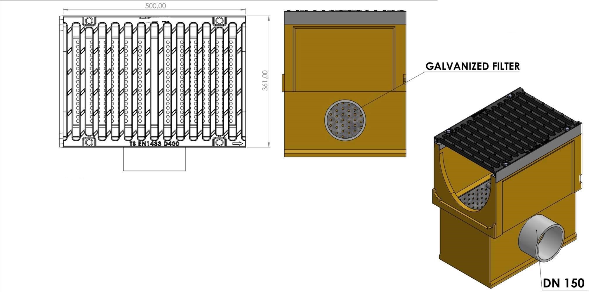 Collection shaft for linear drain V300, Class D400