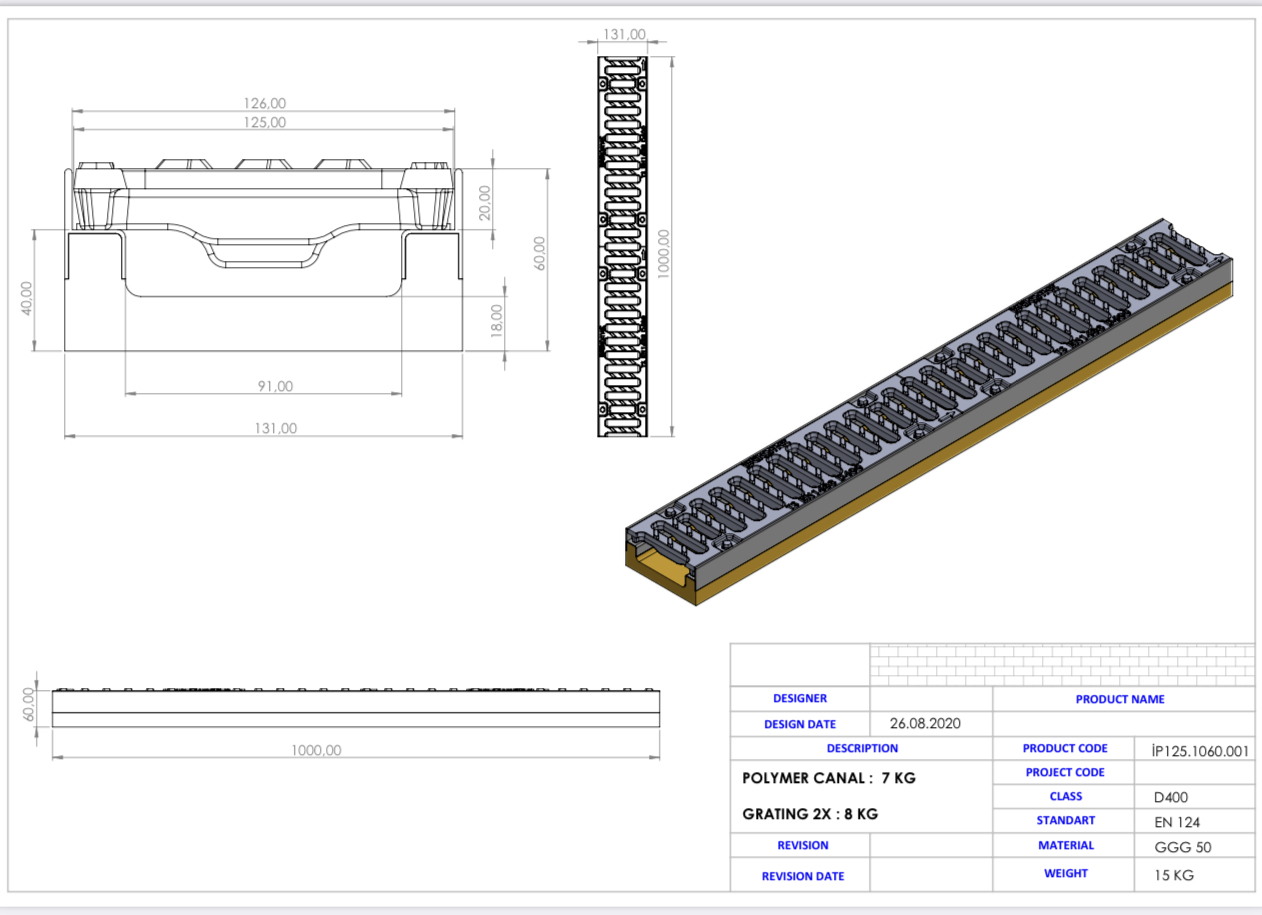 Linear Drains U125, 125 x 1000 x 60 mm, Class D400