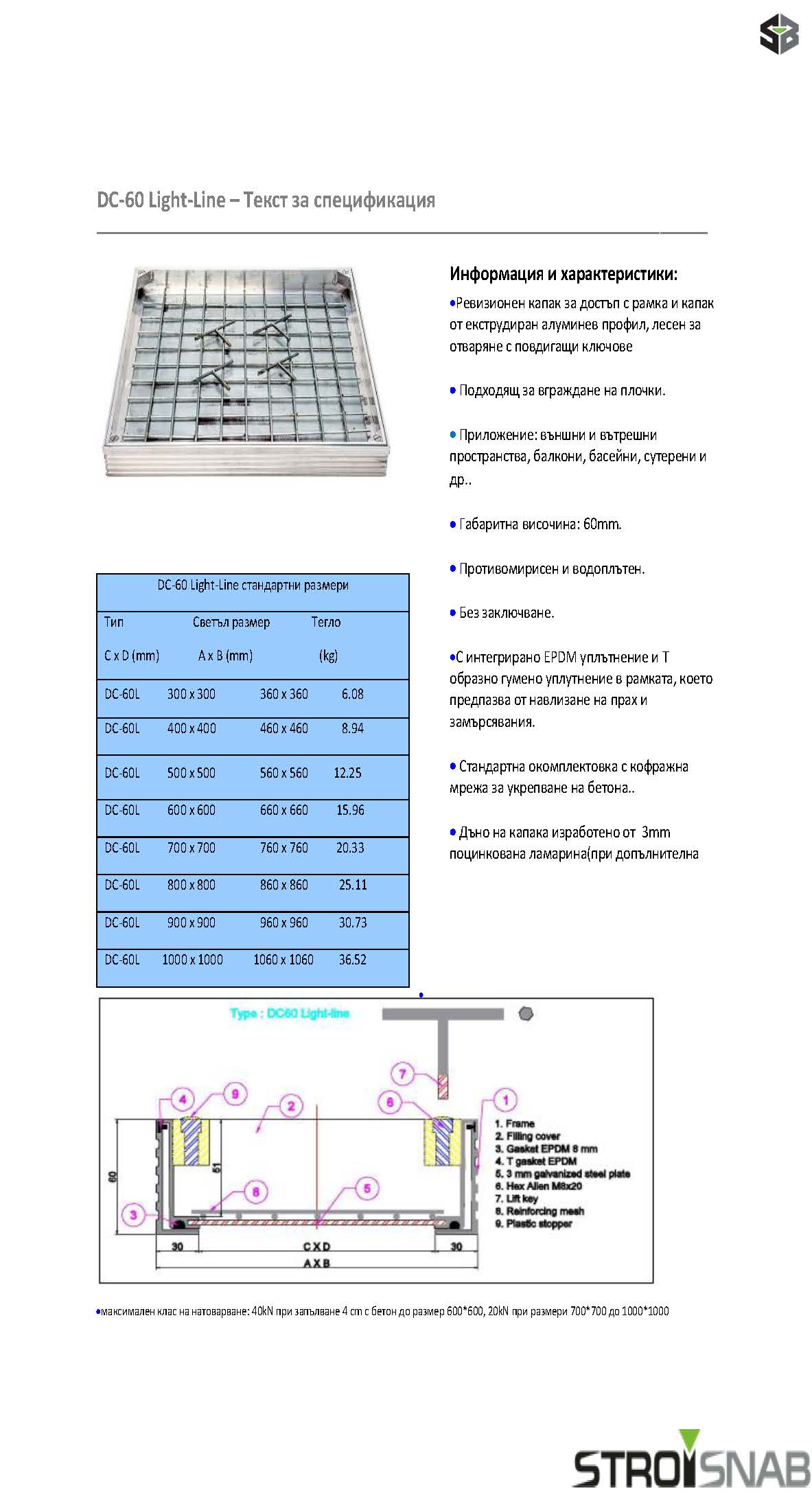 Капак за вграждане DC-60 Алуминий, Light Line, Клас B125