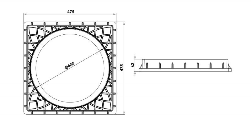 Square cover made of Polypropylene PP, Ø400, Class A15